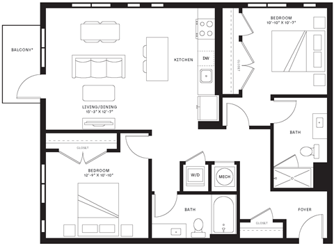 Floor plan for 2 beds, 2 baths, 1194 sqft